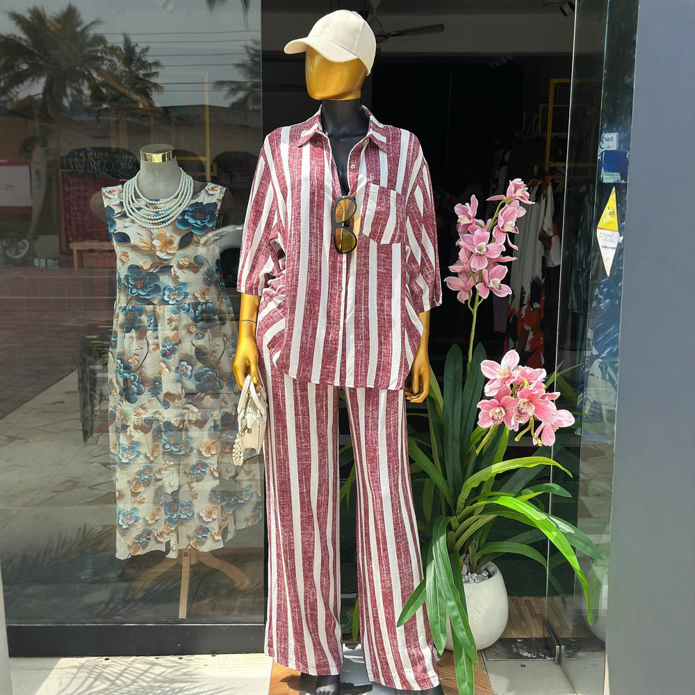 European and american cross-border women's fashion:  summer new collection - stylish turn-down collar loose striped shirt & high-waisted trousers casual set