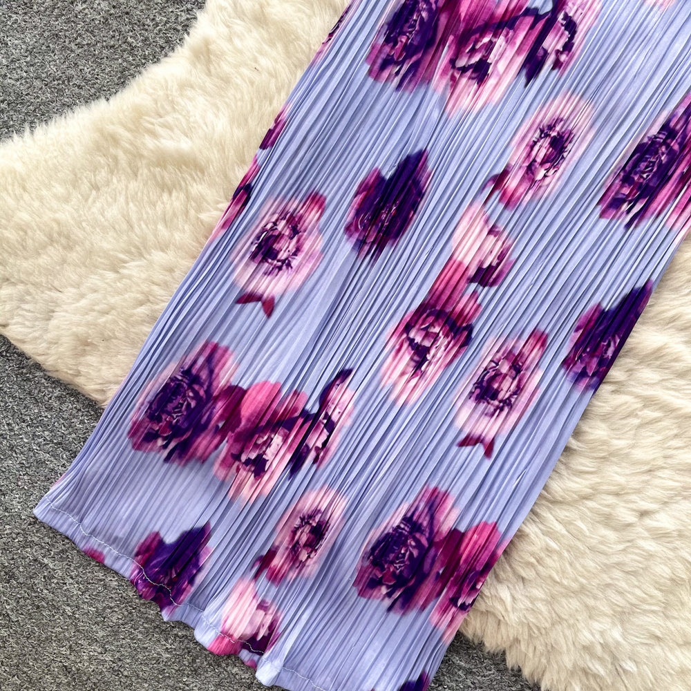 French riviera style purple floral print bandeau dress - women's summer sleeveless high-waisted a-line dress - sexy & chic outfit