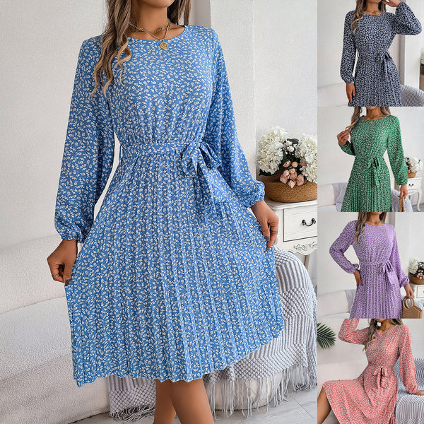 ins wind real autumn and winter new casual long-sleeved floral pleated skirt,  European and American  women's clothing