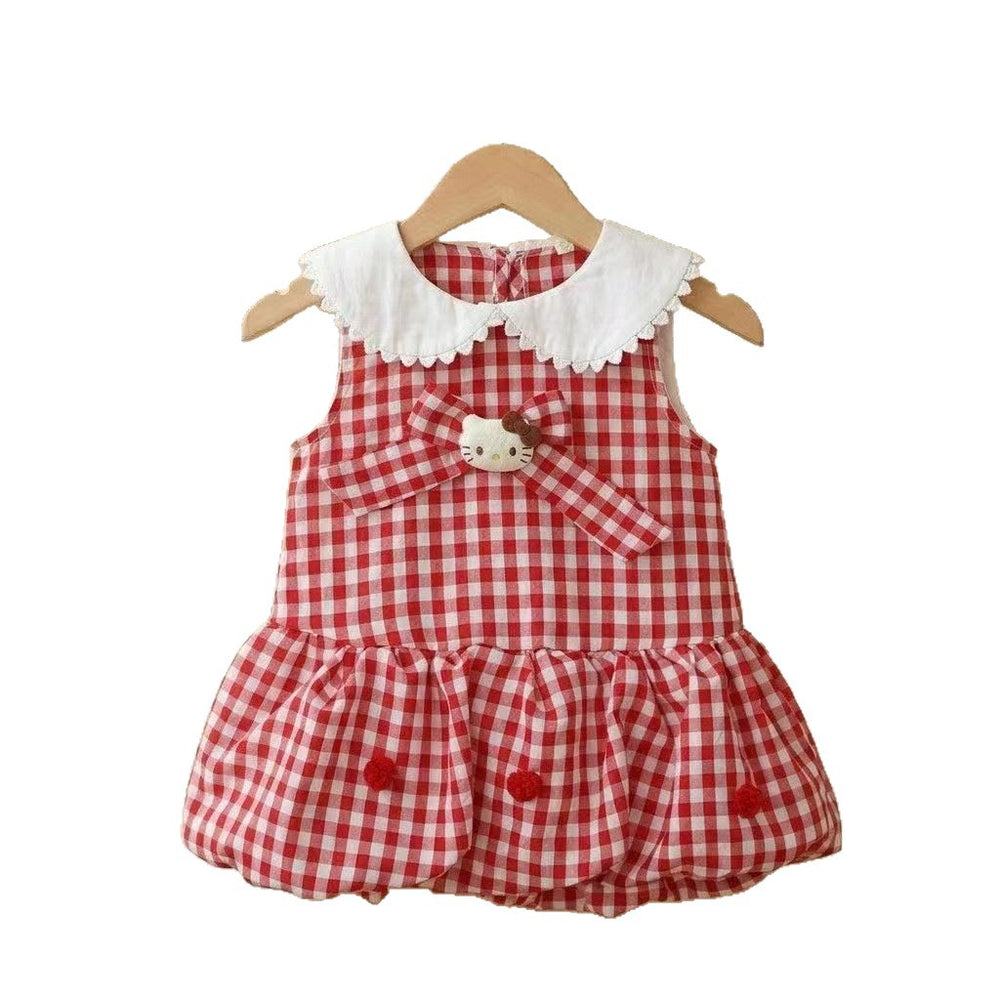 Summer new bowknot tank top princess dress for girls, korean style cartoon cat sweet plaid fresh dress