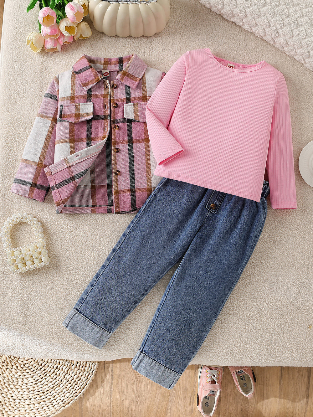 new autumn cross-border girls' wool blend turn-down collar shirt, knitted base layer top + washed denim jeans three-piece set