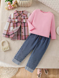 new autumn cross-border girls' wool blend turn-down collar shirt, knitted base layer top + washed denim jeans three-piece set