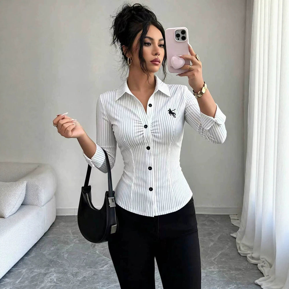 Fashion  workplace elastic stripesshirt pony logo embroider waist pleated long sleeveswork clothingsilm small