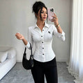 Fashion  workplace elastic stripesshirt pony logo embroider waist pleated long sleeveswork clothingsilm small