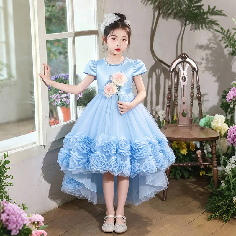 Girls' gowns with train, flower girl dresses, children's floral tutu dresses, princess dresses, baby girl's first birthday gowns