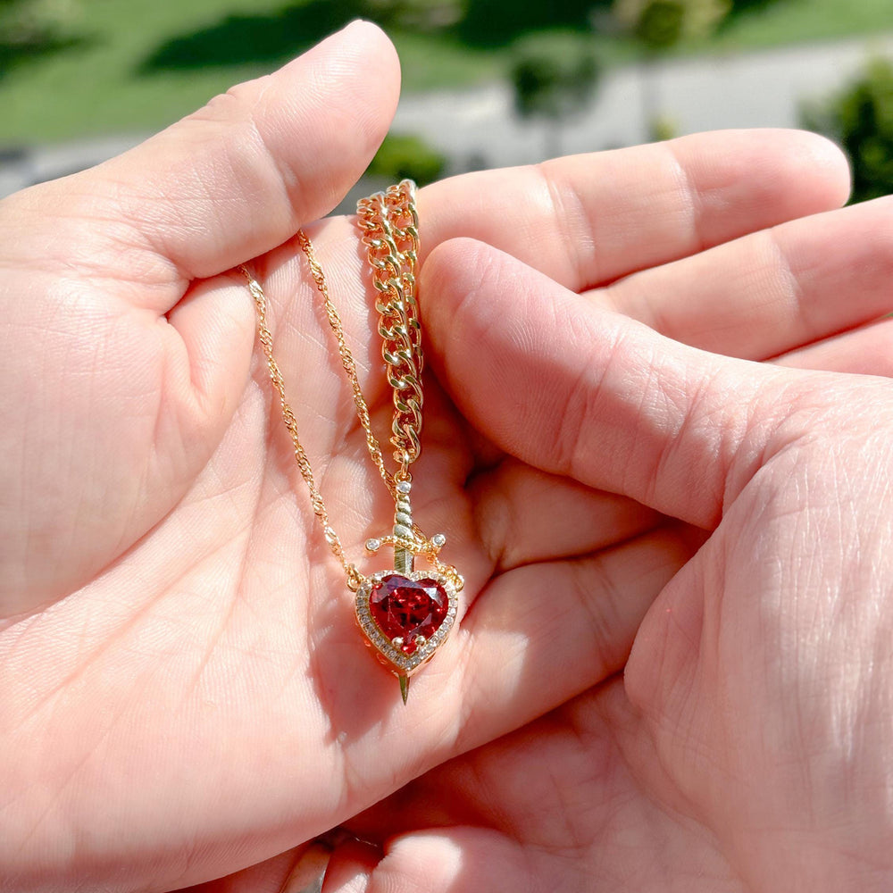 European and american new arrival hot selling pink crystal heart dagger pendant layered necklace french design women's clavicle chain