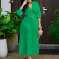 D3327  women's clothing  spring new fashion v-neck solid color long sleeve pleated maxi dress - export quality