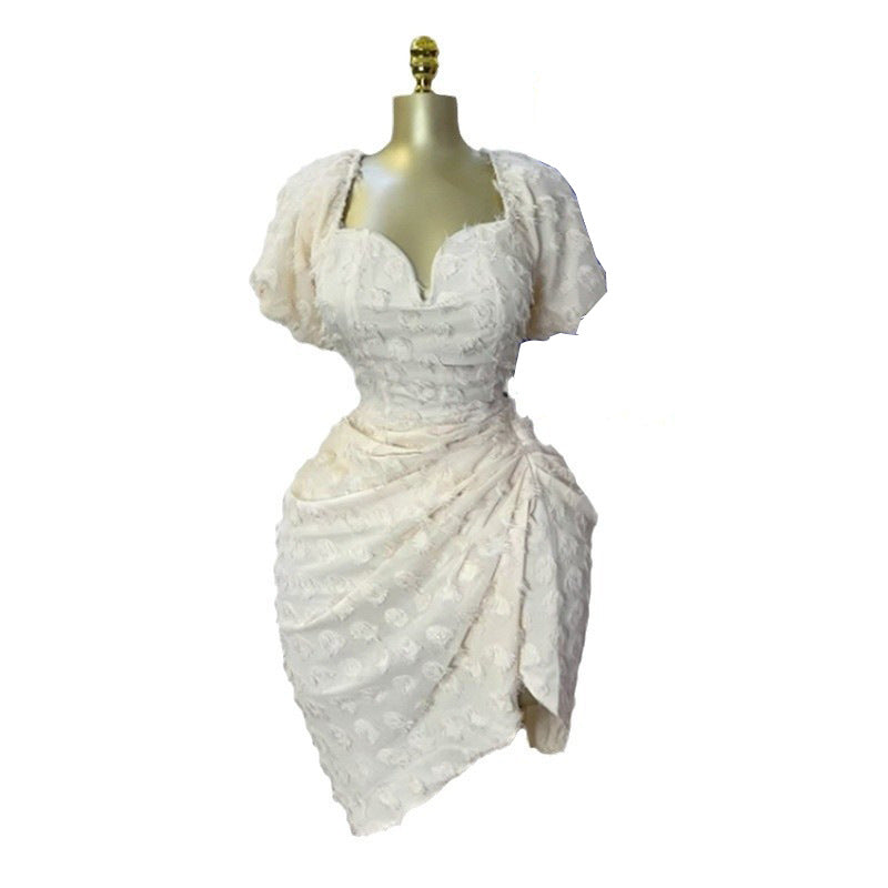 European and american cross-border women's fashion:  summer new arrival - elegant v-neck jacquard cropped high-waisted short-sleeve dress