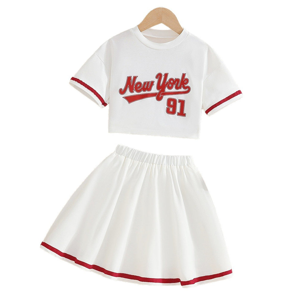 Girls' american style activewear set: white short-sleeve top with lettering and red trim, printed midi skirt - two-piece outfit for girls