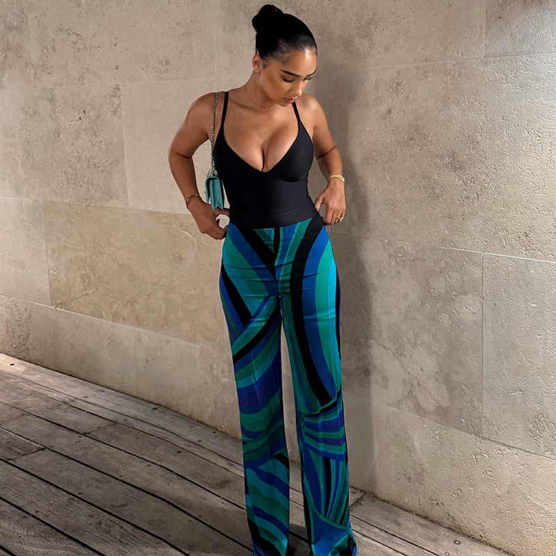 European and american style cross-border ins color matching women's suspenders work clothing thin waist low-cut jumpsuit sports u-neck summer jumpsuit