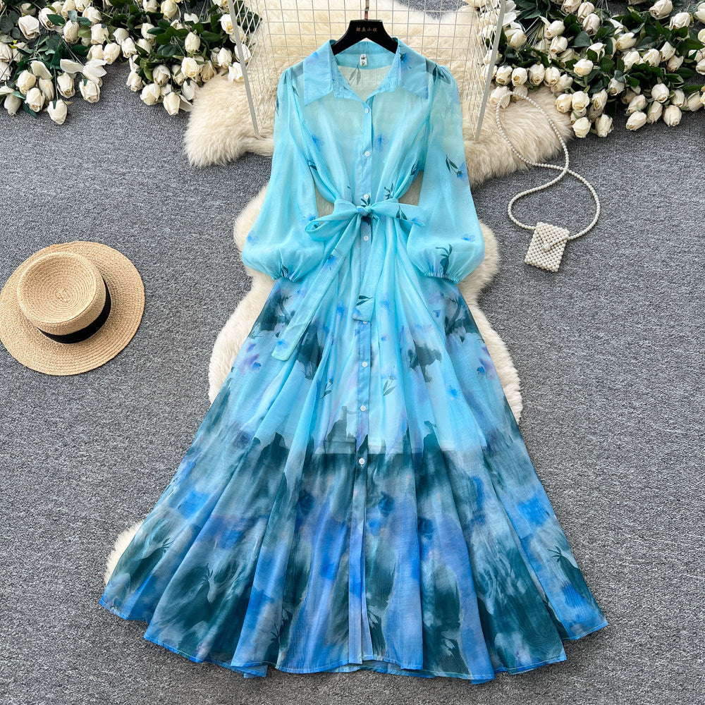 Gentle wind tie-dye gradient printingelegantdress women's autumlong sleeves waist a-line skirt vacation style work clothing skirt