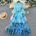 Gentle wind tie-dye gradient printingelegantdress women's autumlong sleeves waist a-line skirt vacation style work clothing skirt