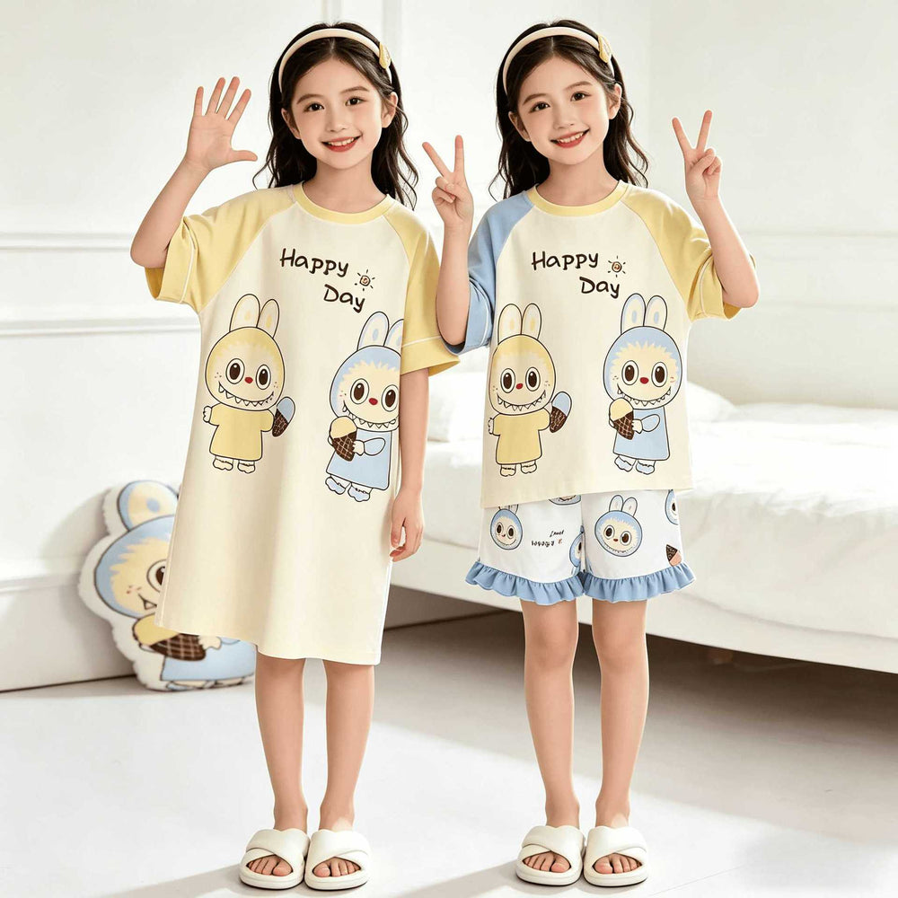 [family style] girls' zhongda tong pajamas suit summer short sleeve baby cartoon cute home clothes nightgown
