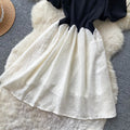 Ladies style black waist a-line dress women's summer playful short-sleeved diamond collar contrast colorslimming look age-reducing skirt