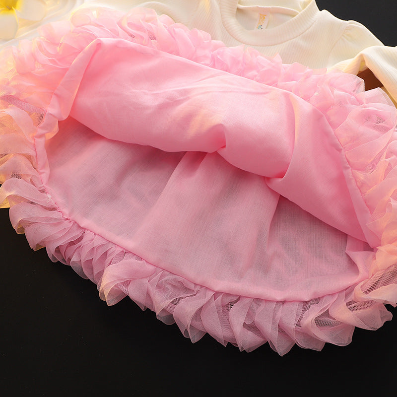 Girls' autumn dress - trendy tutu skirt, new  pink mesh round neck long sleeve princess style sweet dress
