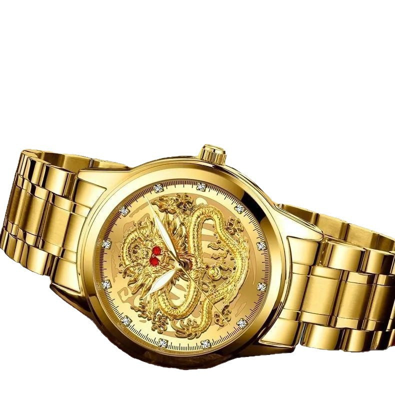 Finzon embossed gold dragon watch - men's waterproof non-mechanical watch with diamond and ruby accents, dragon face, stylish for middle-aged and elderly men