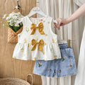 new cross-border girls' bubble plaid print bowknot top & embroidered denim pants two-piece set