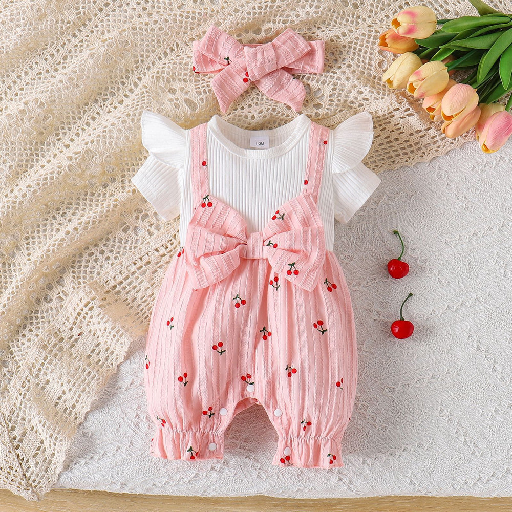 summer baby girl fly sleeve romper jumpsuit with cherry print and bow detail + headband outfit set