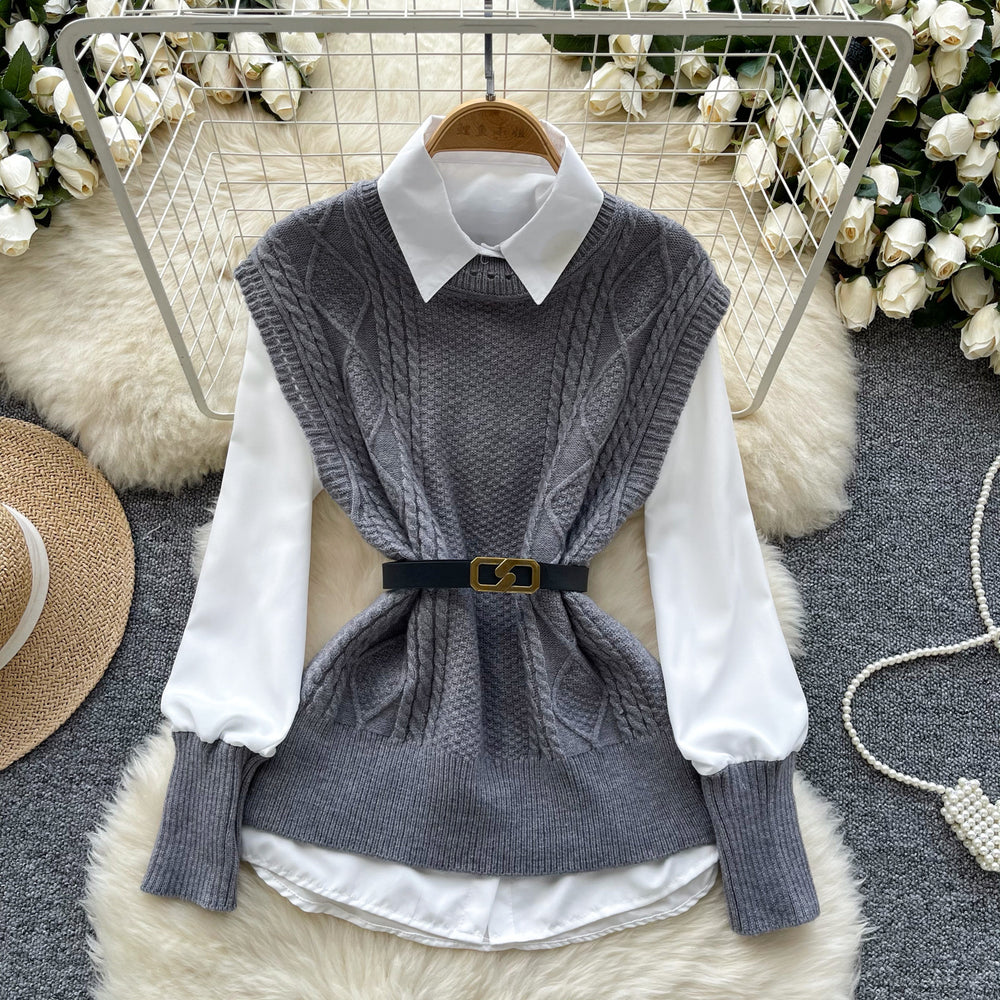 Layered shirt vest women's autumn two-piece set fashioneasiest for match sleeveless cable stitchknitting vest with long sleeves shirt