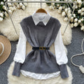 Layered shirt vest women's autumn two-piece set fashioneasiest for match sleeveless cable stitchknitting vest with long sleeves shirt