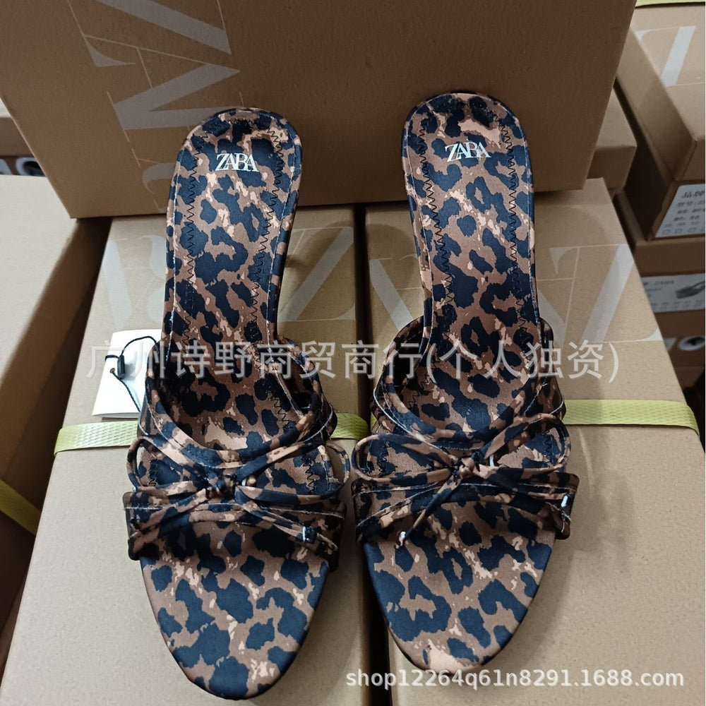 Za new 2024 fashion high heel pointed toe open toe leopard print thin one-strap bow detail backless mules sandals for women