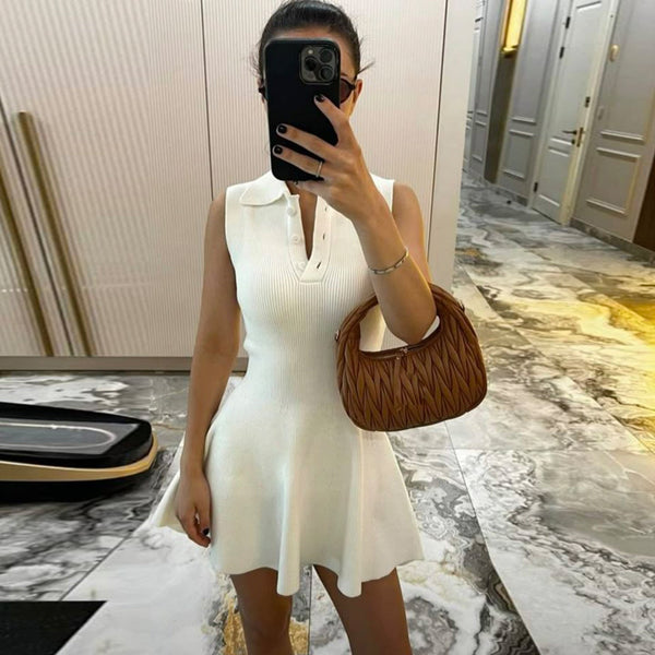 European and American temperament commuting solid color polo collar shirt skirt slim fit sleeveless vest breasted dress knitted short skirt summer