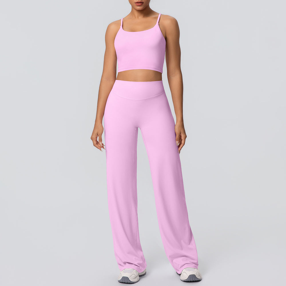 New arrival: cross-border brushed solid color racerback tight-fit breathable wide-leg yoga set - two-piece activewear for running and fitness