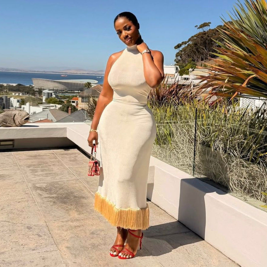 European and american cross-border african women's clothing  summer new arrival: elegant semi-high neck slim-fit sleeveless tassel backless dress