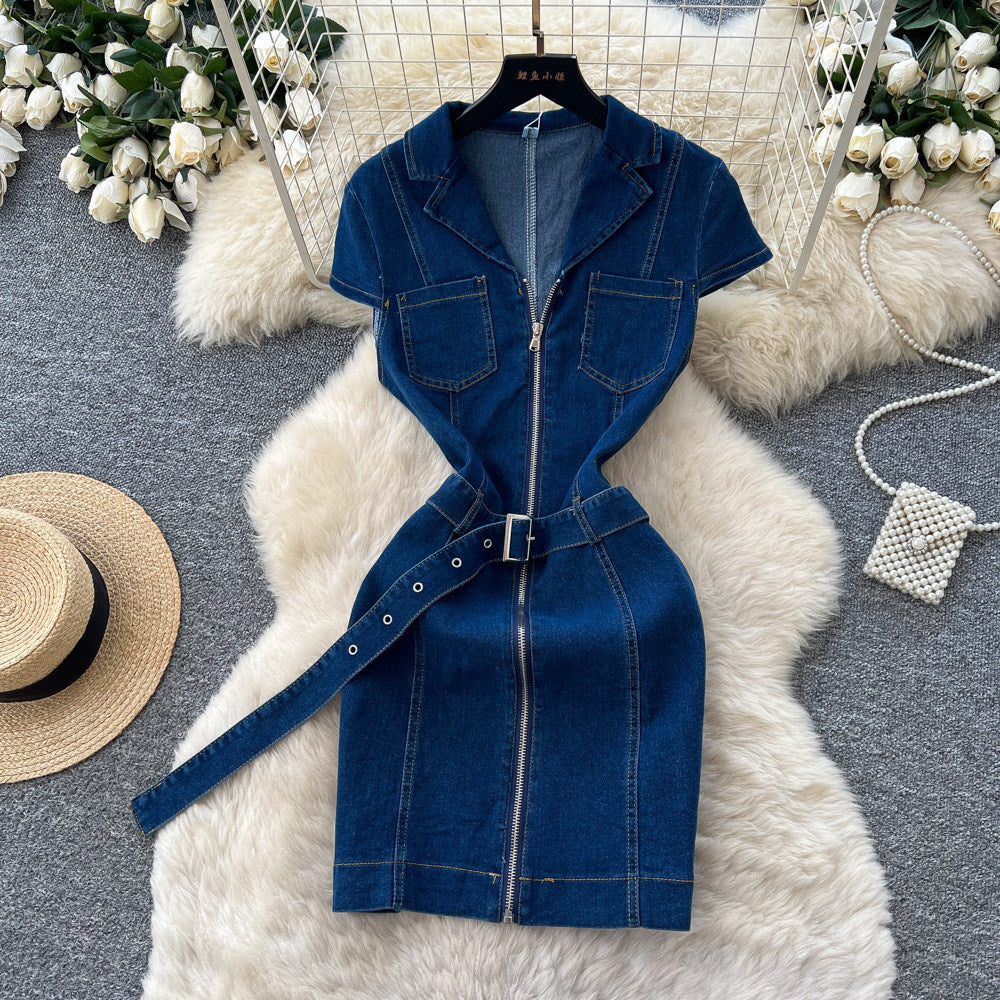 Frenchretro stylework clothing lapel zipper denimdress women's summerk-stylehigh waist waist slimming look a-line skirt