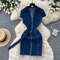 Frenchretro stylework clothing lapel zipper denimdress women's summerk-stylehigh waist waist slimming look a-line skirt