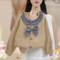 fall/winter new korean style ruffle trim round neck knitted cardigan women's designer bow sweater jacket