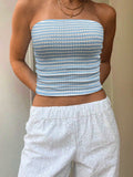 European and american cross-border  sexy blue and white striped bandeau sleeveless off-shoulder bodycon cropped vacation tank top for women
