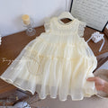 Girls' summer new beige flutter sleeve dress - baby casual style, fashionable, high-quality children's clothing, trendy brand