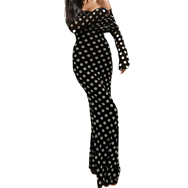 cross-border e-commerce european and american women's clothing: new summer collection - vintage polka dot off-the-shoulder bodycon maxi dress 661