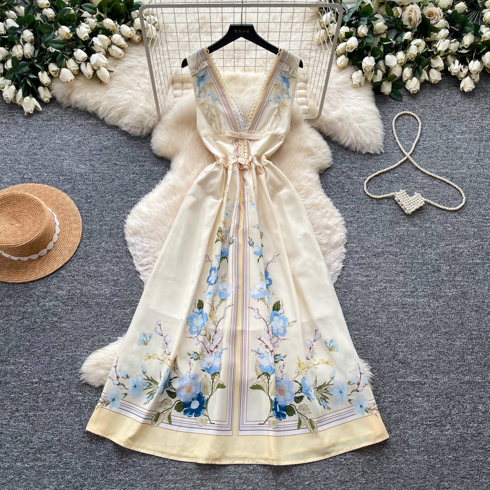 French romantic v-neck printed dress - women's summer high-waisted sleeveless slimming midi dress - elegant vacation style