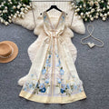French romantic v-neck printed dress - women's summer high-waisted sleeveless slimming midi dress - elegant vacation style