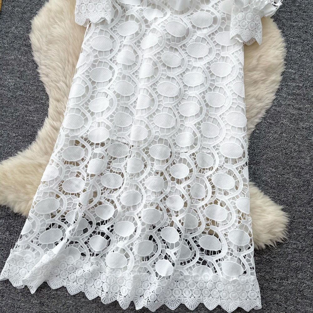 French riviera style heavy knit crochet dress - women's summer korean style white a-line dress - high-end slimming fit