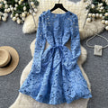 French-style heavy lace cutout bodycon dress - women's summer long sleeve slimming a-line dress - soft & elegant