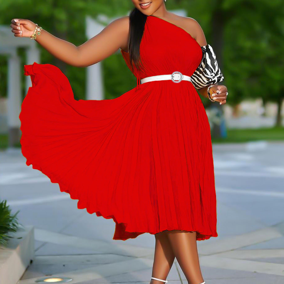 D404 with belt independent station export women's clothing new arrivalfashionelegant slanted shoulder pure color pleated large skirt european and american dress