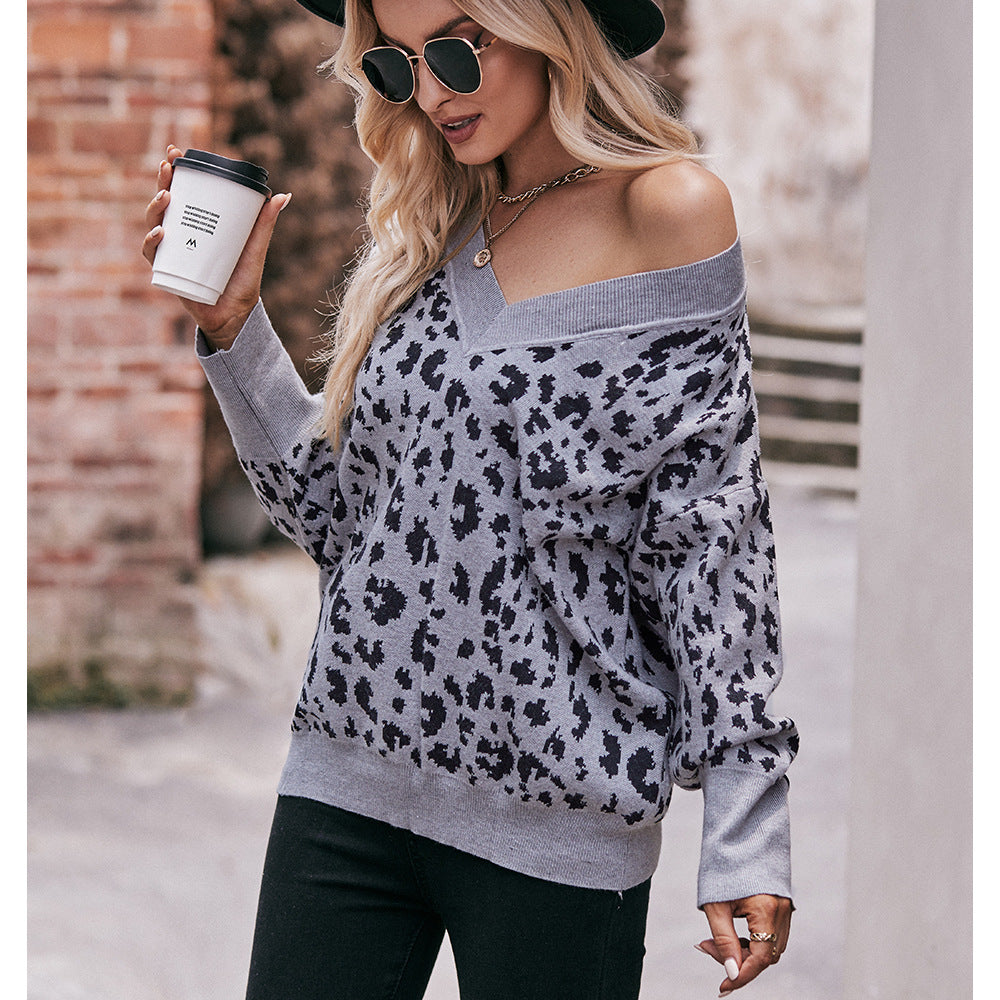 Europe, America and  2023 autumn and winter  new women's clothing V-neck off-the-shoulder leopard print pullover loose fashion sweater