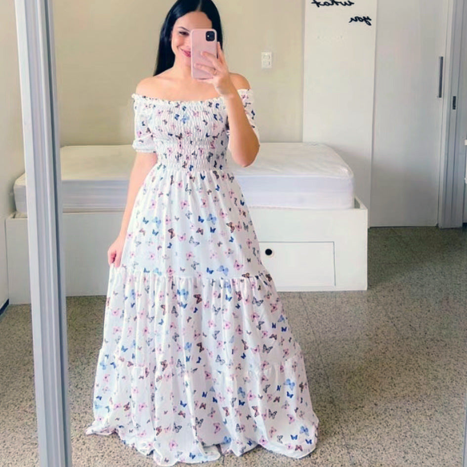 new spring/summer cross-border fashion: european and american style women's one-shoulder floral print maxi dress - off-the-shoulder fairy dress