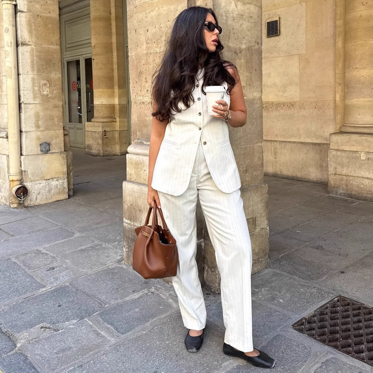 European and American fashion temperament vest suit solid color cardigan vest top trousers   women's clothing two-piece set summer