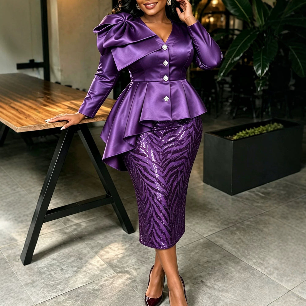 Autumn new arrivals: chic church dress set - elegant sequin & satin irregular ruffle two-piece outfit