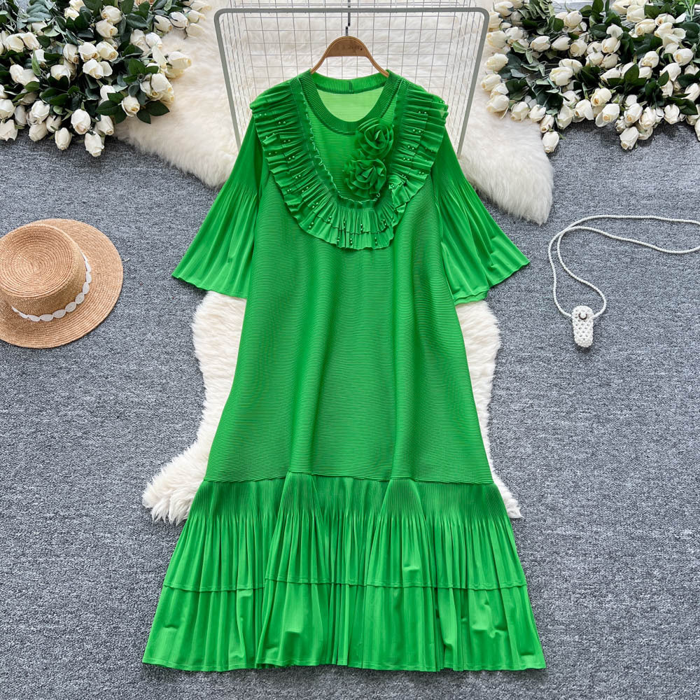 European and american niche style heavy beaded 3d floral flared sleeve dress - women's loose fit slimming a-line pleated maxi dress