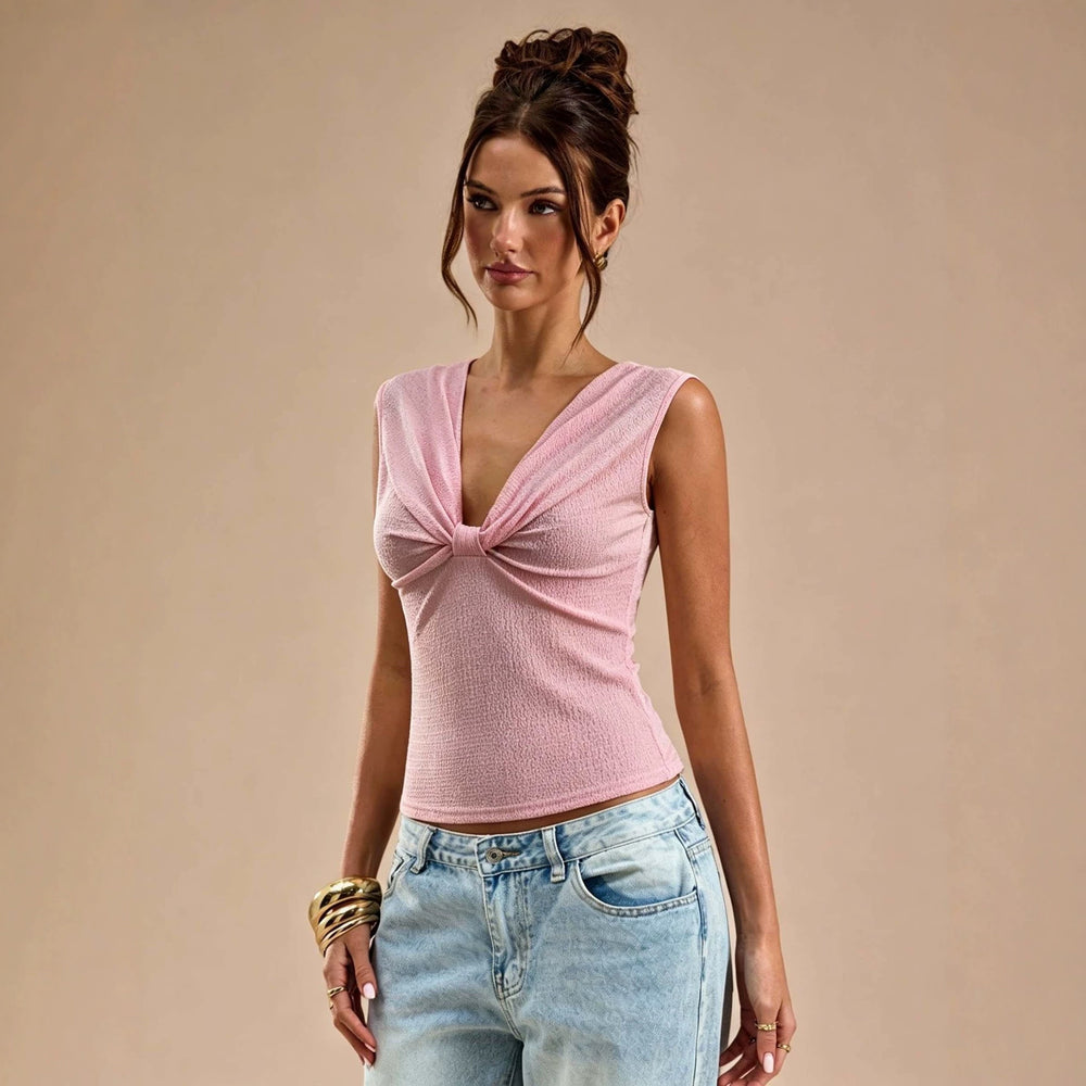 women's summer high-end v-neck twist sleeveless top - textured, slim-fit, and elegant t-shirt