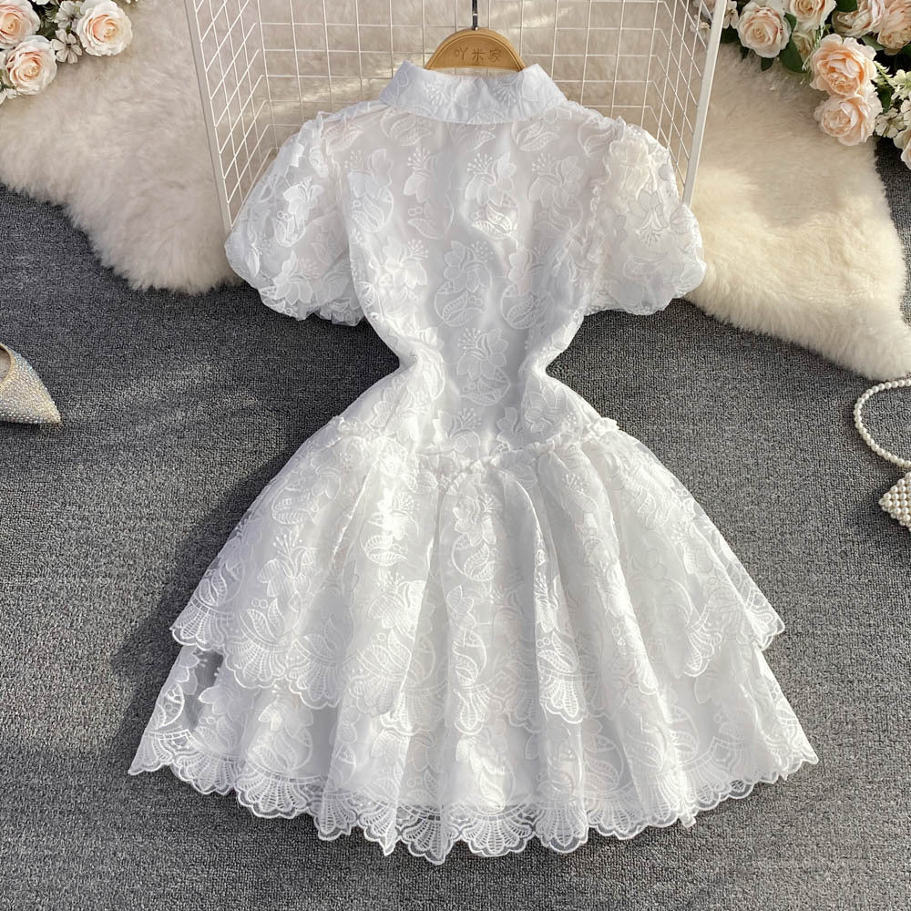 summer retro elegant notch lapel single-breasted white lace embroidered a-line tiered dress