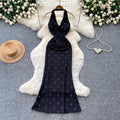 Elegant black v-neck halter dress - women's summer korean style hotfix rhinestone waist slimming maxi dress - high-end