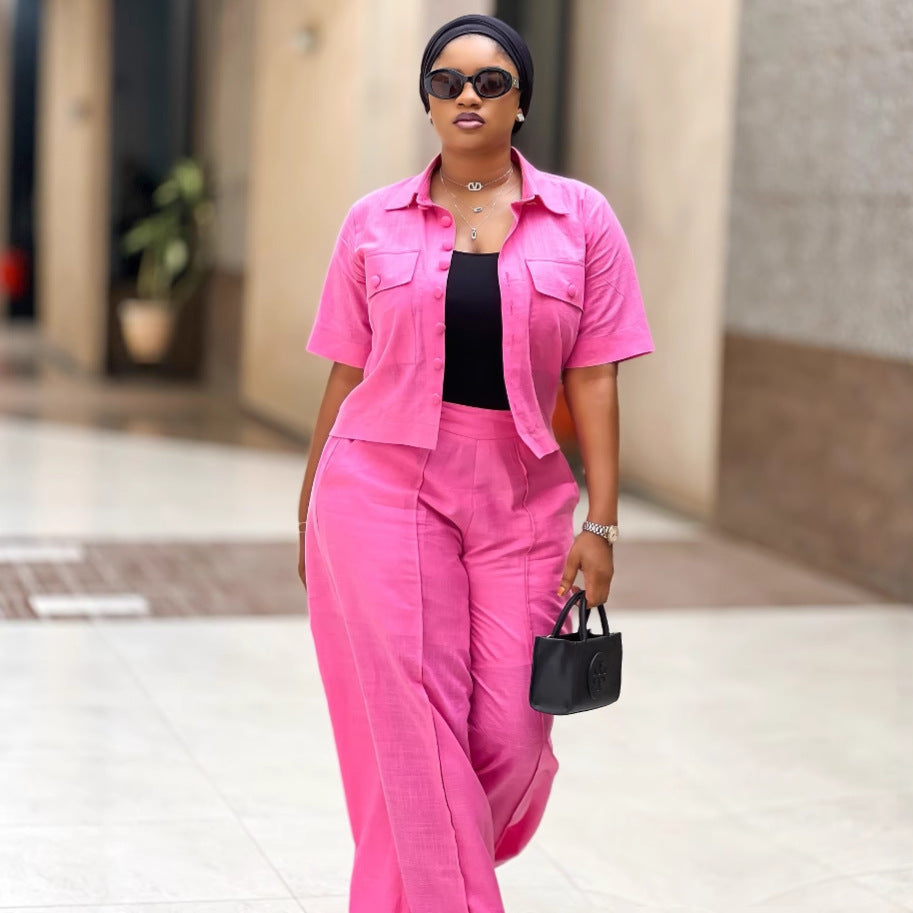 European and American new women's clothing temperament commuter solid color short-sleeved cardigan shirt wide-leg pants African fashion casual suit women