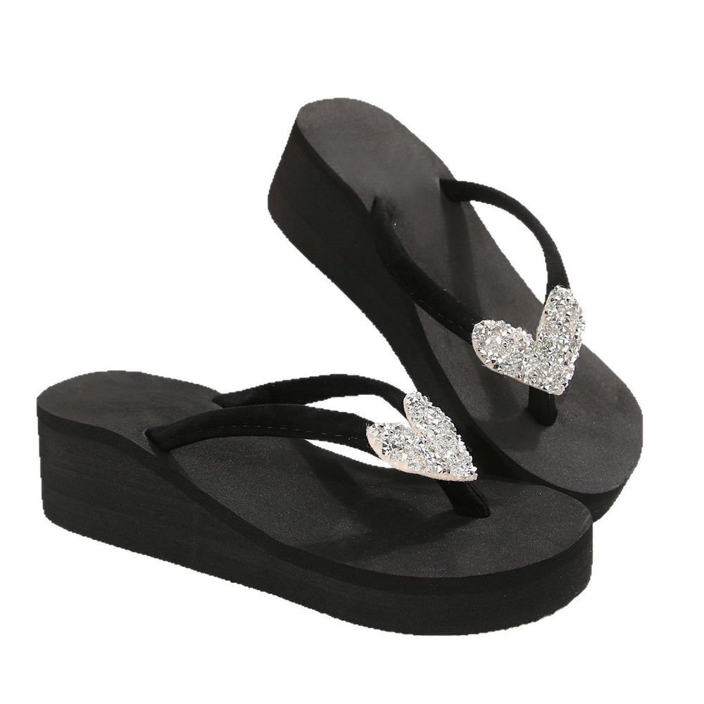 summer rhinestone thick solecasual slippers women's beach flip-flops women's large size sandals women's peach heart