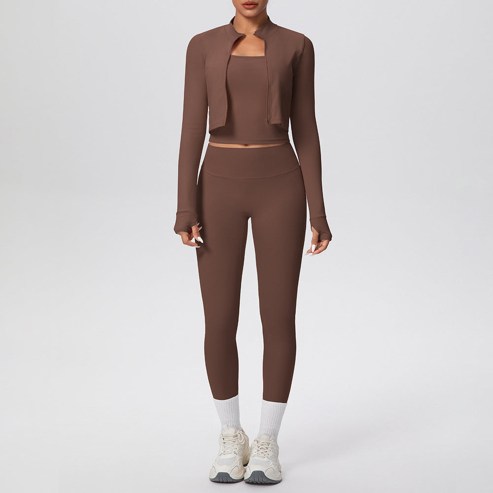 pure color brushed tight tank top nine-point long three-piece sports running fitness yoga suit